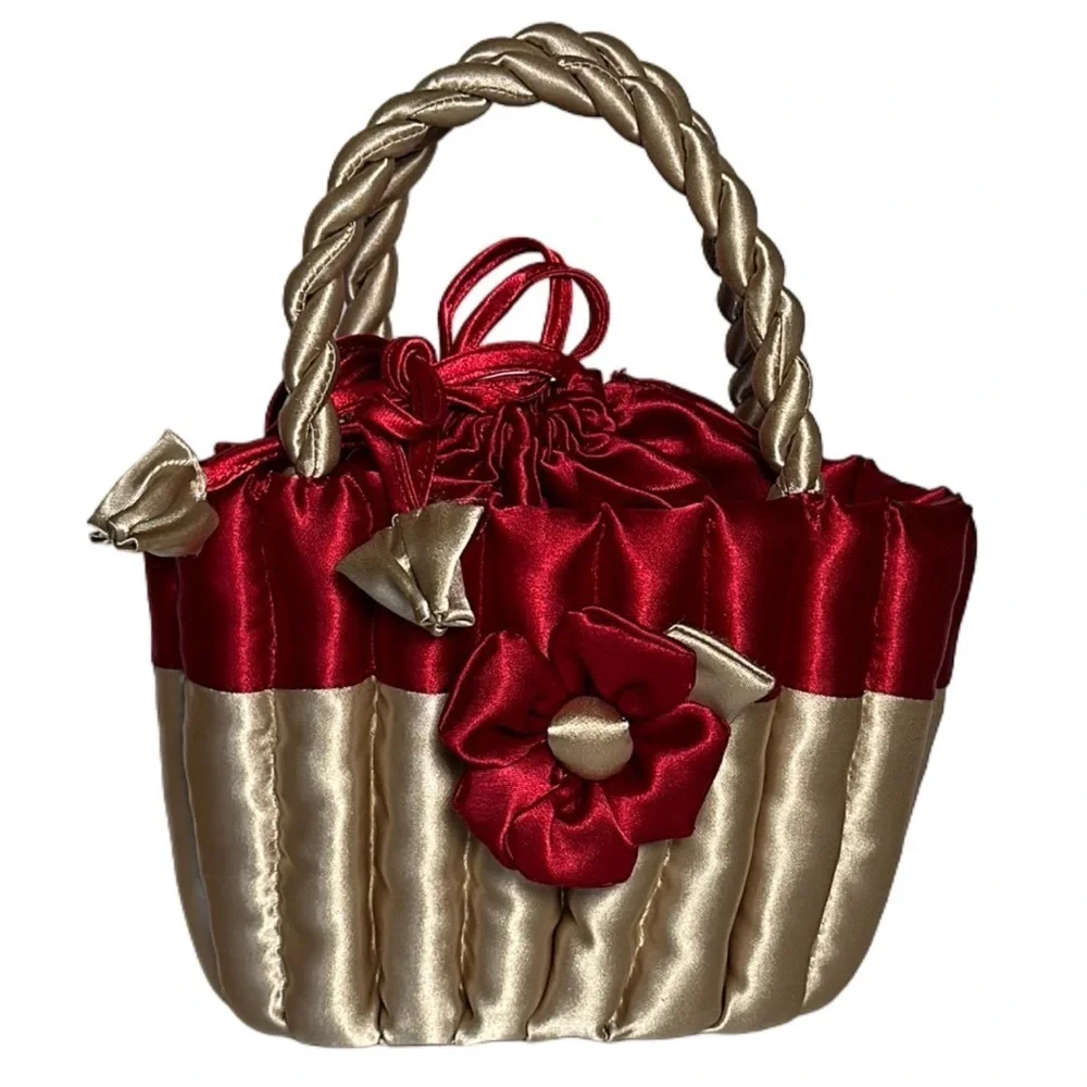 80s SATIN FLOWER BASKET cupcake purse twisted handle tie top bridal flower girl